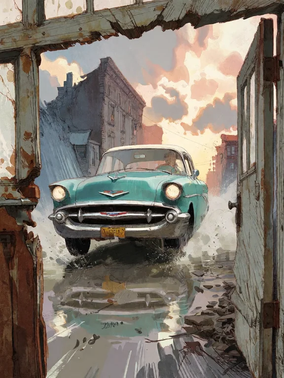 Bradhamel Art Style. A Vintage Teal 1950s American Sedan, Wi...
