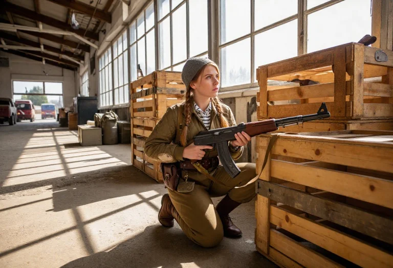 A Wary Soviet Partisan Woman Crouching Low Behind Stacked Wo...