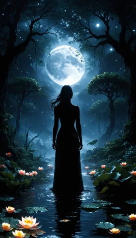 Woman Silhouette In Magical Pond With Flowers And Water Lili... — SDXL AI Prompt: woman silhouette in magical pond with flowers and water lilies in elvish forest!...