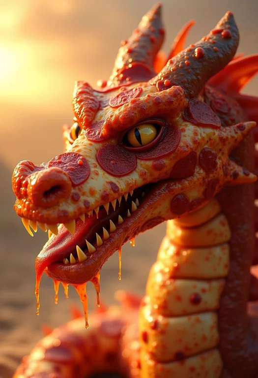 Close Up Of The Face Of A Pizza Dragon Hybrid Made Entirely...