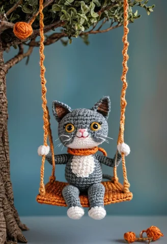 A Cat Enjoying Himself On A Swing From A Tree, By Saint Exup... — SDXL AI Prompt: a cat enjoying himself on a swing from a tree, by saint exupery, crocheted style