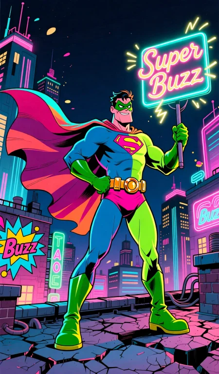 A Goofy And Colorful Superhero Stands Heroically On A Cracke...