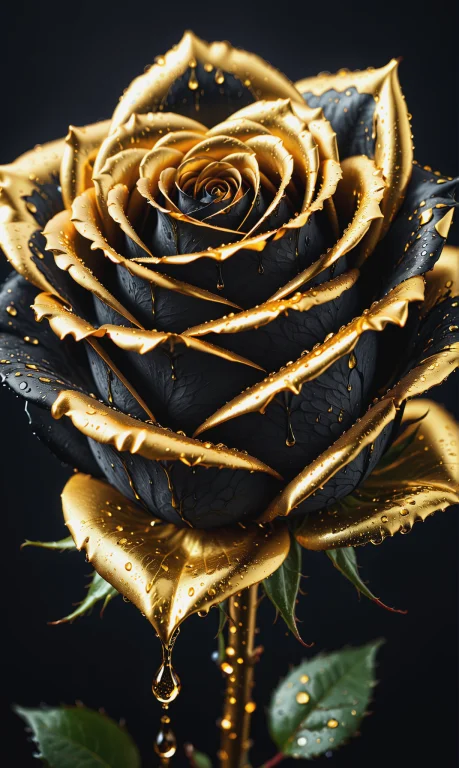 Professional Macro Shot Of Perfect Black Rose, Dripping Gold...