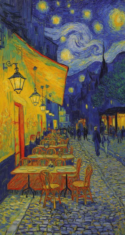 R1792f2dvangog, An Oil Painting A Warm, Brightly Lit Cafe Te...