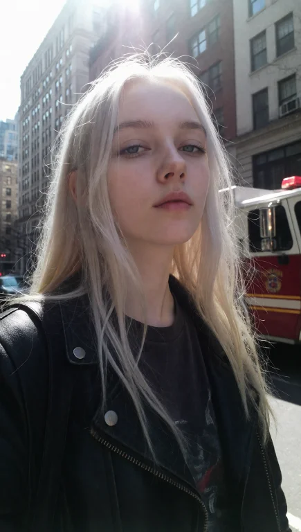 A Young Woman With Pale Skin And Long, Straight Platinum Blo...