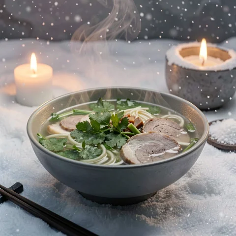A Bowl Of Pho Steaming With Fresh Herbs, Octane Render, Cand... — Stable Diffusion AI Prompt: a bowl of pho steaming with fresh herbs, octane render, candlelight, symmetrical...