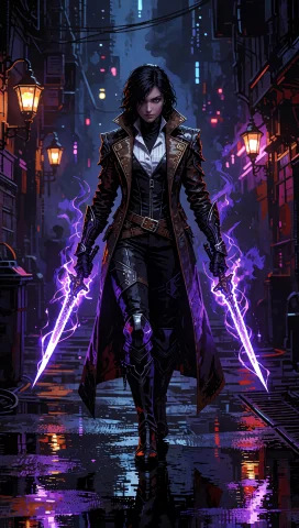 41. Spacefarer Rogue, Victorian Leather Coat, Glowing Energy... — Stable Diffusion AI Prompt: 41. Spacefarer rogue, victorian leather coat, glowing energy daggers, dark space...