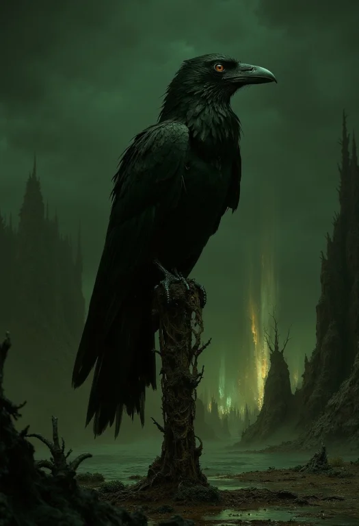 A Cinematic Illustration Of A Raven Perched Atop A Twisted P...