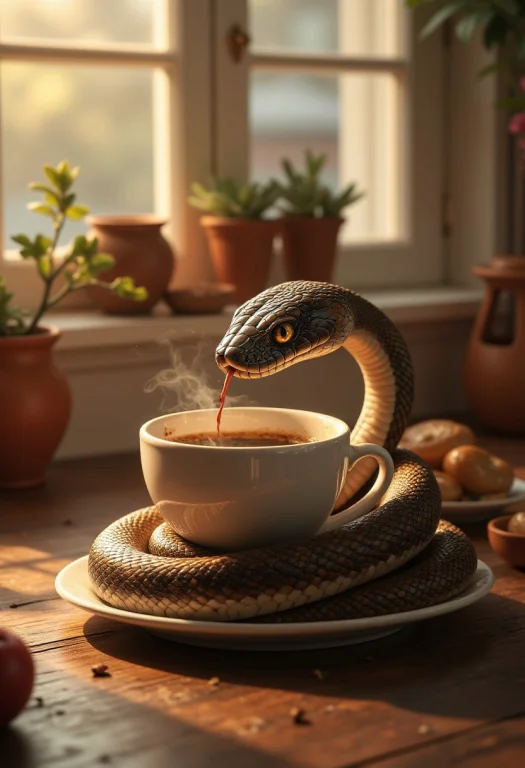 Aidmayearofthesnake, A Snake Coiling Over A Mug Full Of Stea...