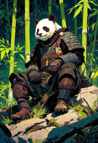 Anthropomorphic Panda Warrior In A Samurai Outfit, Sitting O... — FLUX AI Prompt: Anthropomorphic panda warrior in a samurai outfit, sitting on a rock in a lush b...