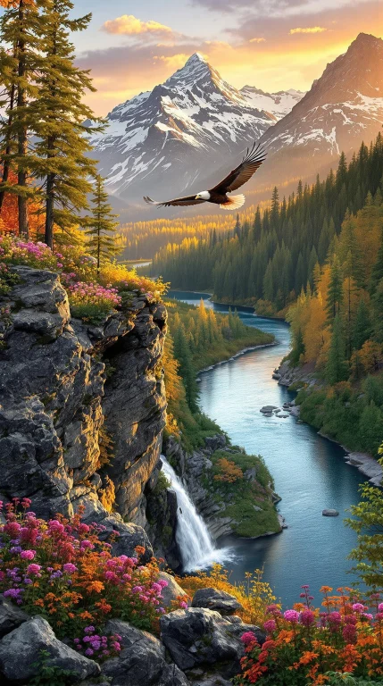 In The Warm Light Of Sunset, A Majestic Eagle Soars Overhead...
