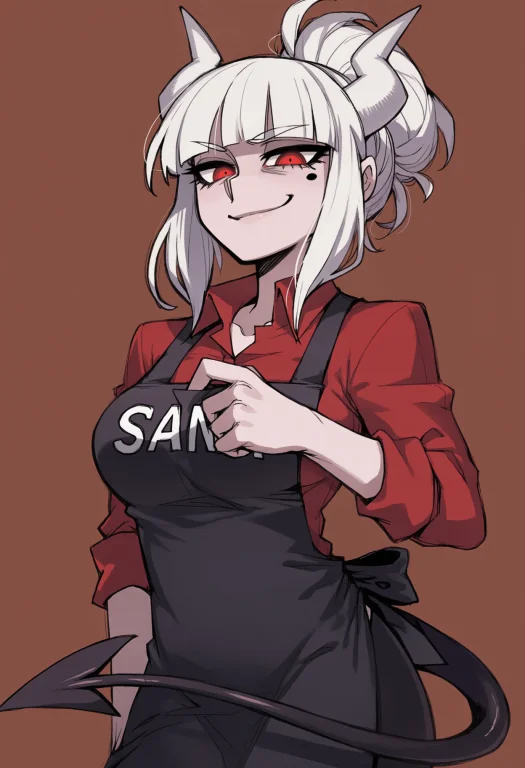Lucifer Helltaker, 1girl, Apron, Black Apron, Black Tail, De...