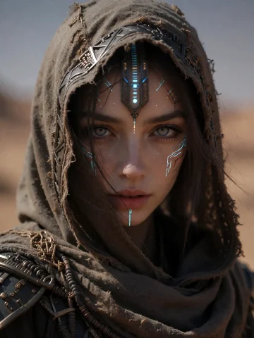 Digital Illustration Of A Captivating Cinematic Close-up Of... — Stable Diffusion AI Prompt: digital illustration of A captivating cinematic close-up of a mysterious, hooded...