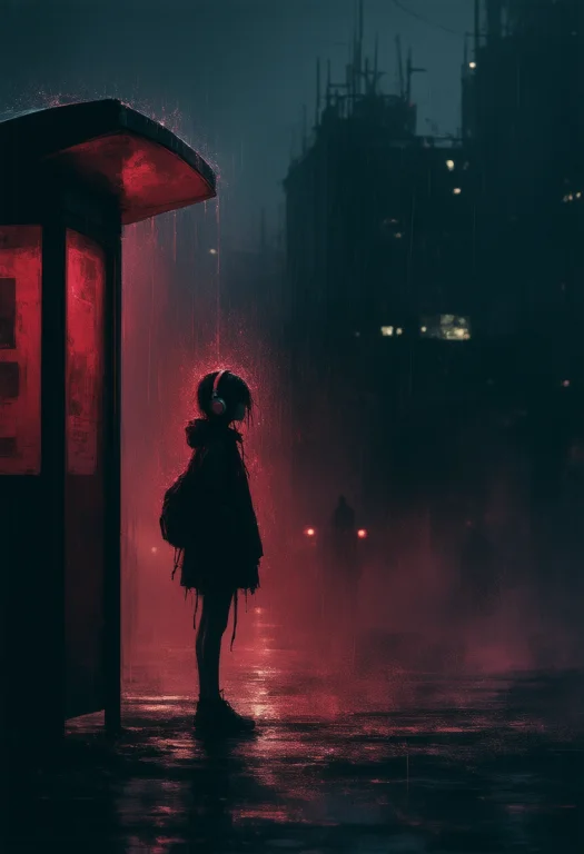 A Solitary Girl, Silhouetted Against A Rain-slicked Cityscap...