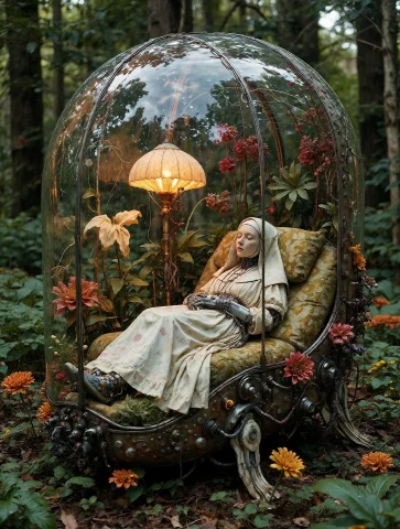 Lorafloratestrongk2e100.8 Fl0rate Cyborg Nun Sleeping In A G... — Stable Diffusion AI Prompt: fl0rate cyborg nun sleeping in a glass case in a forest clearing