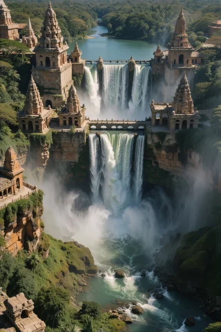 Supergroundview, A Colossal Ancient Waterfall City Plunges V... — Stable Diffusion AI Prompt: supergroundview, A colossal ancient waterfall city plunges vertically through ju...
