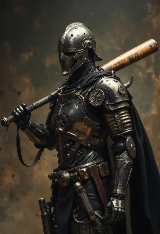 Dark Fantasy Knight Standing Battle-ready Holding Wooden Bas...