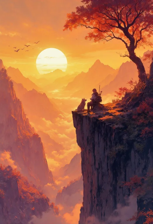 A Lone Young Traveler Sits On The Edge Of A High Rocky Cliff...