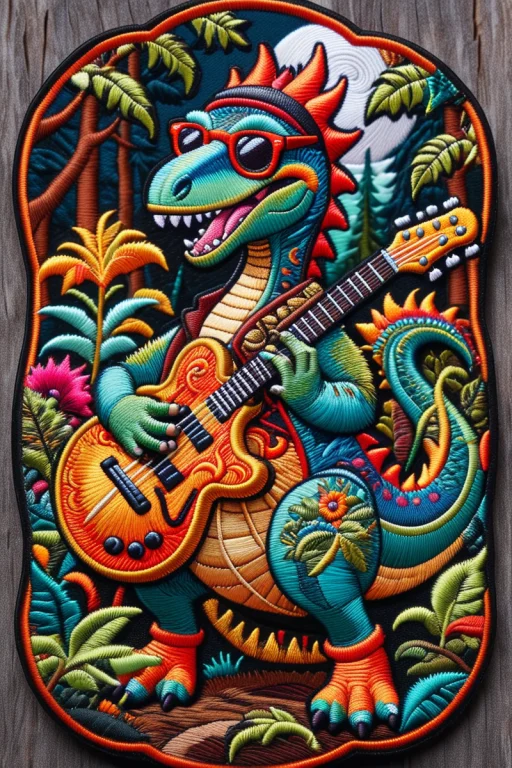 A Cute Dino Wearing Glasses With Big Trumpet In A Magical Fo...