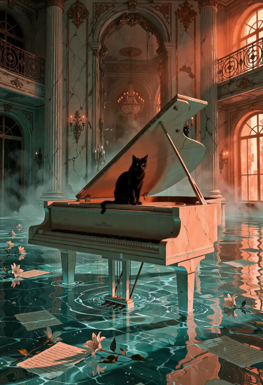 Surreal Cinematic Illustration, Wide Composition. A Sleek Bl...