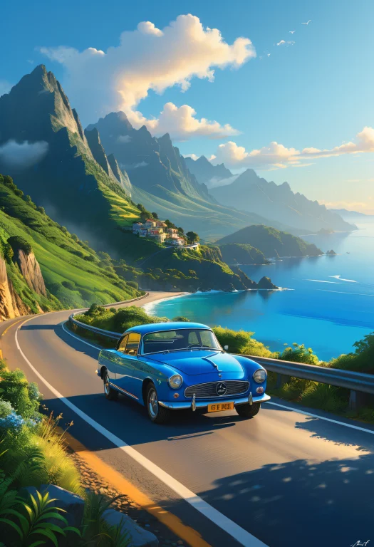 A Cerulean Blue Car Cruising Along The Winding Coast Road, S...