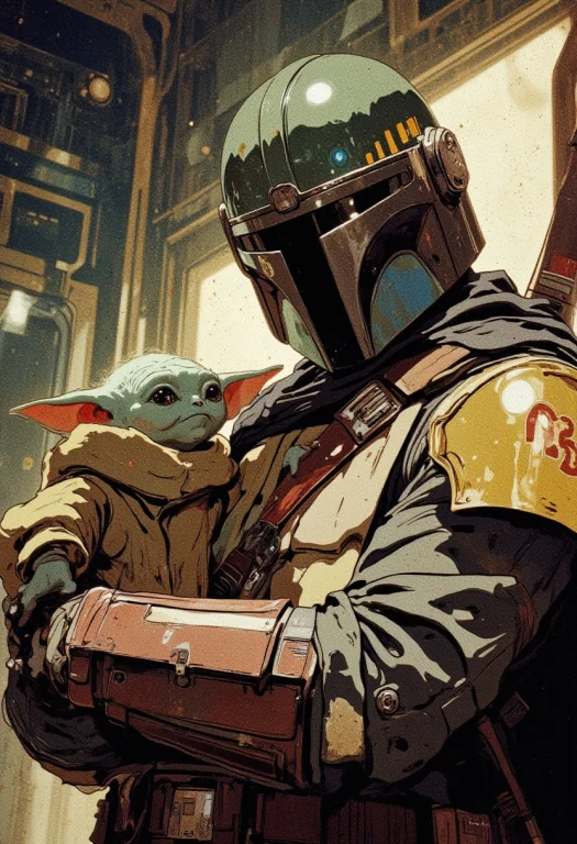 Mandalorian Holding Detail Green Baby Yoda, Anime Style, Vin...