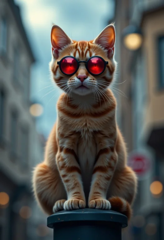 Cat With Round Glasses With Red Lenses Sits On A Streetlight...