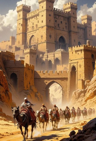 A Medieval Merchant Caravan Of Camel-drawn Wagons Approaches... — FLUX AI Prompt: a medieval merchant caravan of camel-drawn wagons approaches the city gates of a...