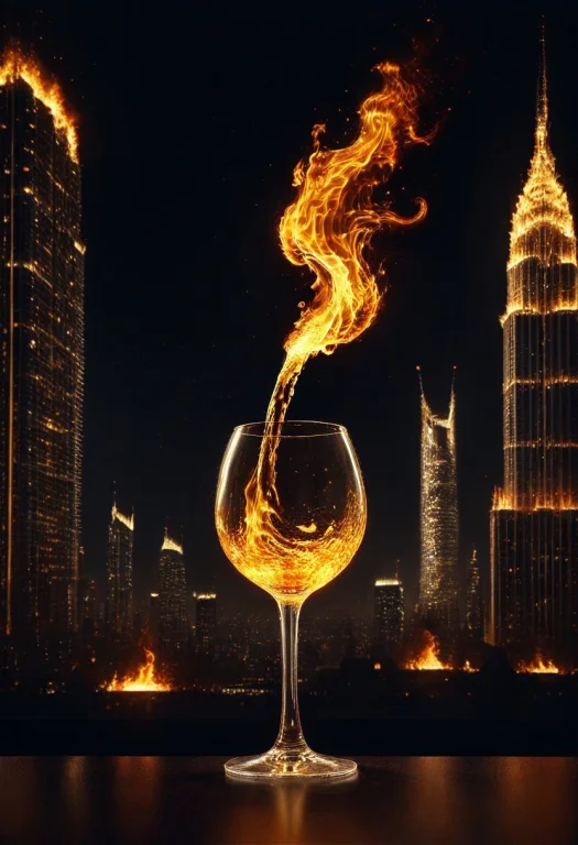 8k, Raw Digital Photo, A Glass Bottle Pouring Glowing Orange...