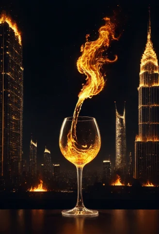 8k, Raw Digital Photo, A Glass Bottle Pouring Glowing Orange... — SDXL AI Prompt: 8k, Raw digital photo, a glass bottle pouring glowing orange and yellow flame-li...