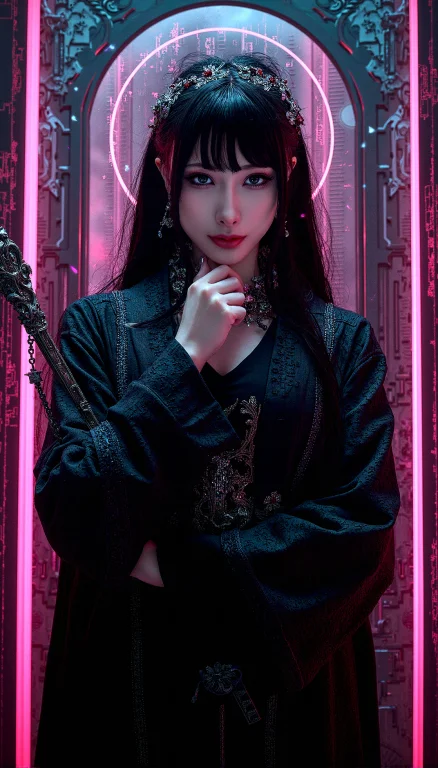 A Powerful Goth Female Mage With Long Dark Hair, Long Bangs...