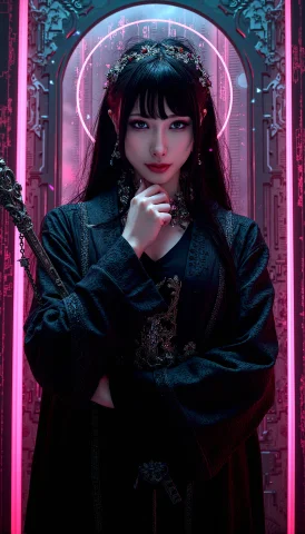 A Powerful Goth Female Mage With Long Dark Hair, Long Bangs... — FLUX AI Prompt: A powerful goth female mage with long dark hair, long bangs and intricate robes,...