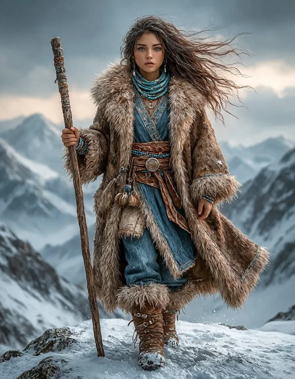 A Solitary Young Woman Stands On A Snow-covered Mountain Rid...