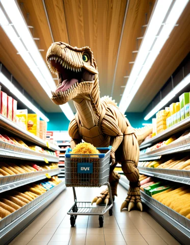 A Gigantic Tyrannosaurus Rex Walking Through A Contemporary... — SDXL AI Prompt: A gigantic Tyrannosaurus rex walking through a contemporary supermarket, its ent...