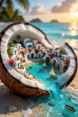 A Magical Miniature Mediterranean Lagoon City Hidden Inside... — Stable Diffusion AI Prompt: A magical miniature Mediterranean lagoon city hidden inside two halves of a fres...
