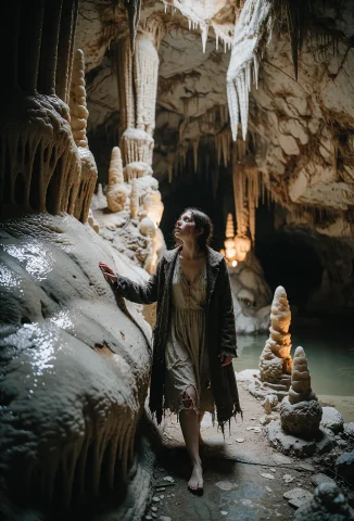 A Cavernous, Dripping Fashion Editorial Shot Of A Young Beau... — Stable Diffusion AI Prompt: A cavernous, dripping fashion editorial shot of a young beautiful woman, slender...