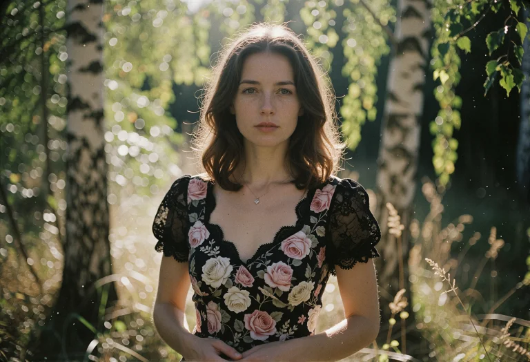 A Brunette Woman With Fair Skin Gazes Straight Ahead, Her Sh...