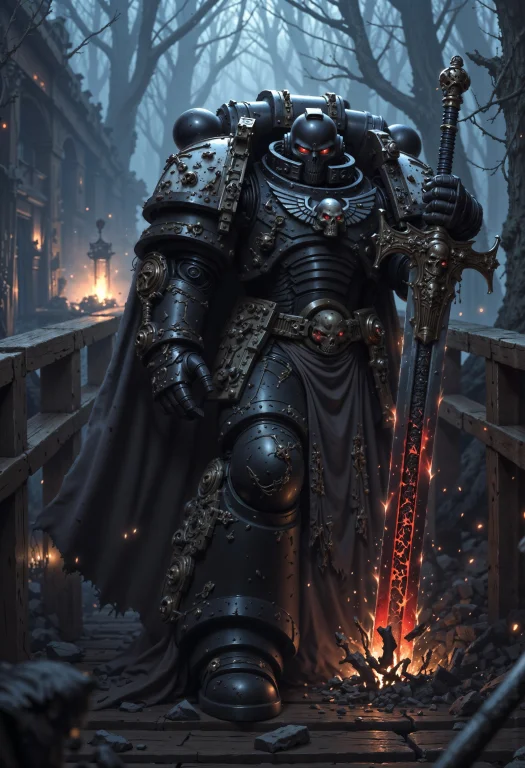 A Powerful Blackt40k Space Marine, Draped In Tattered, Dark...