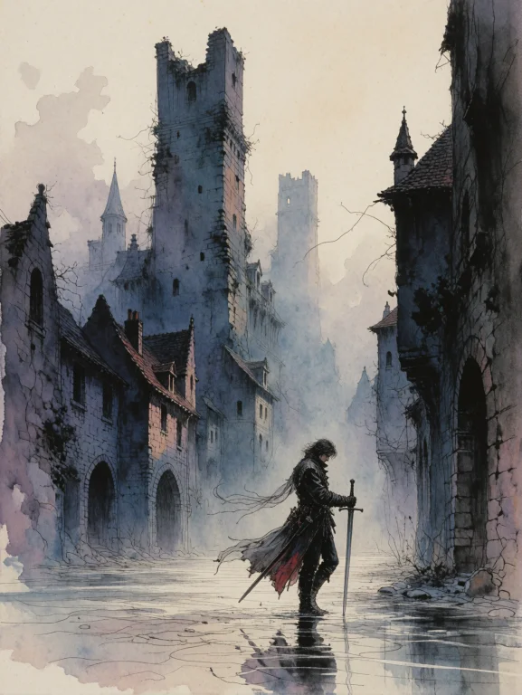An Ethereal Dark Fantasy Illustration Of A Lone Male Wanderi...