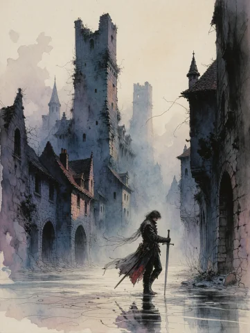 An Ethereal Dark Fantasy Illustration Of A Lone Male Wanderi... — Stable Diffusion AI Prompt: An ethereal dark fantasy illustration of a lone male wandering swordsman standin...