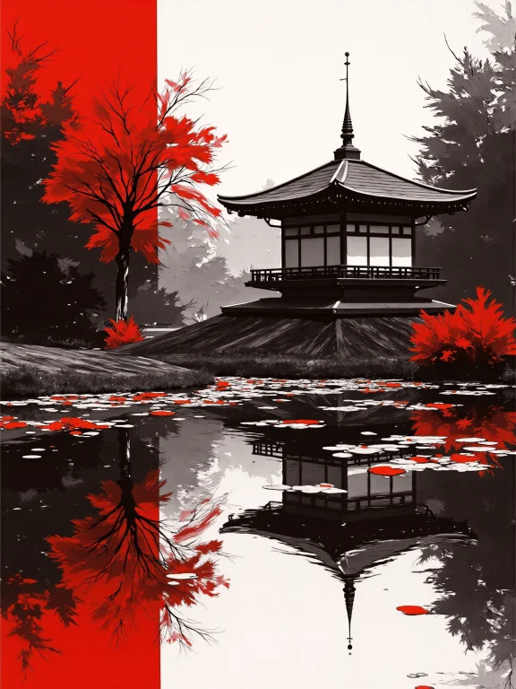 Mad-mdrnmnmlsm Painting Of Temple Next To A Pond In A Japane...
