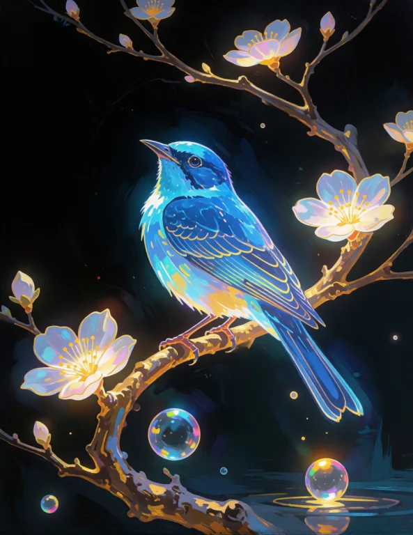 Anime Oil Painting, A Luminous Blue Bird With Translucent Fe...