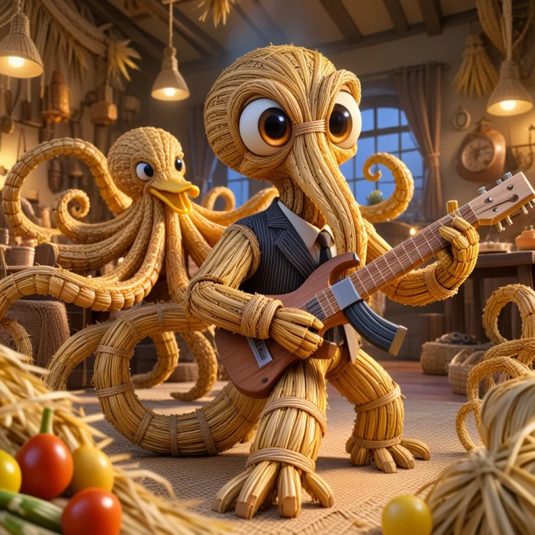 An Octopus Made Of Straw In A Pinstripe Suit Holding A Pizza...
