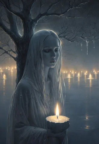A White Half-formed Ghostwoman-shape Candle Melting Into Dro... — SDXL AI Prompt: a white half-formed ghostwoman-shape candle melting into drops, wax trees candle...