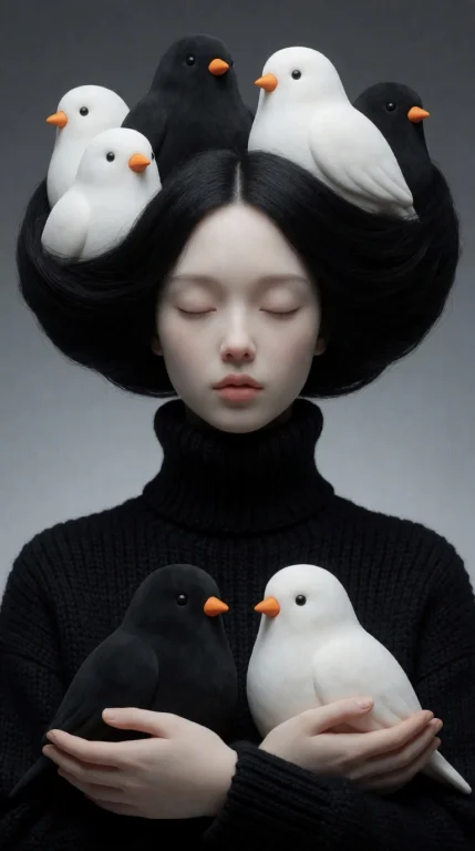 Surreal 3d Portrait Of A Pale Woman With Closed Eyes, Black...