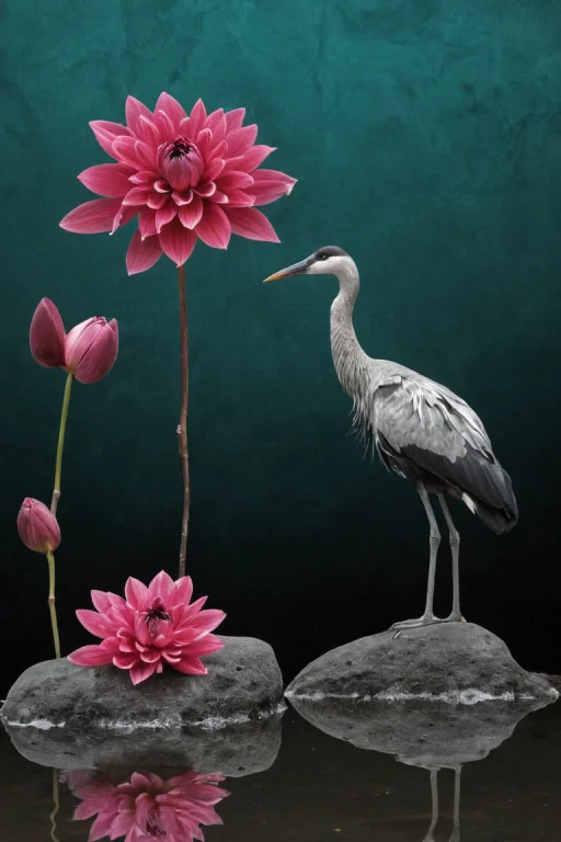 A Surrealist Art Poster Presents A Solitary Black Crane Perc...