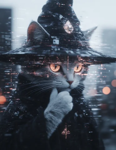 N0vuschr0ma Style Math Wizard Cat Wearing A Wizard Hat While... — Stable Diffusion AI Prompt: n0vuschr0ma style math wizard cat wearing a wizard hat while it thinks deeply fu...