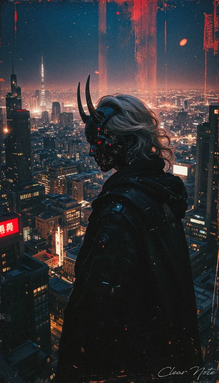 A Cybernetic Japanese Oni Prowls Neon-drenched Cityscapes, I...