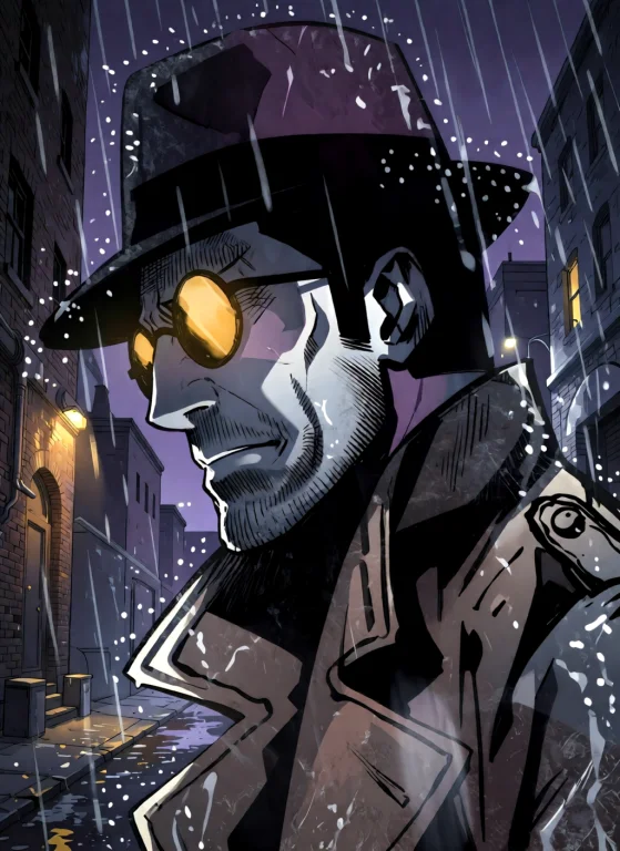 Private Investigator Profile In A Rainy Alley At Night, Roun...