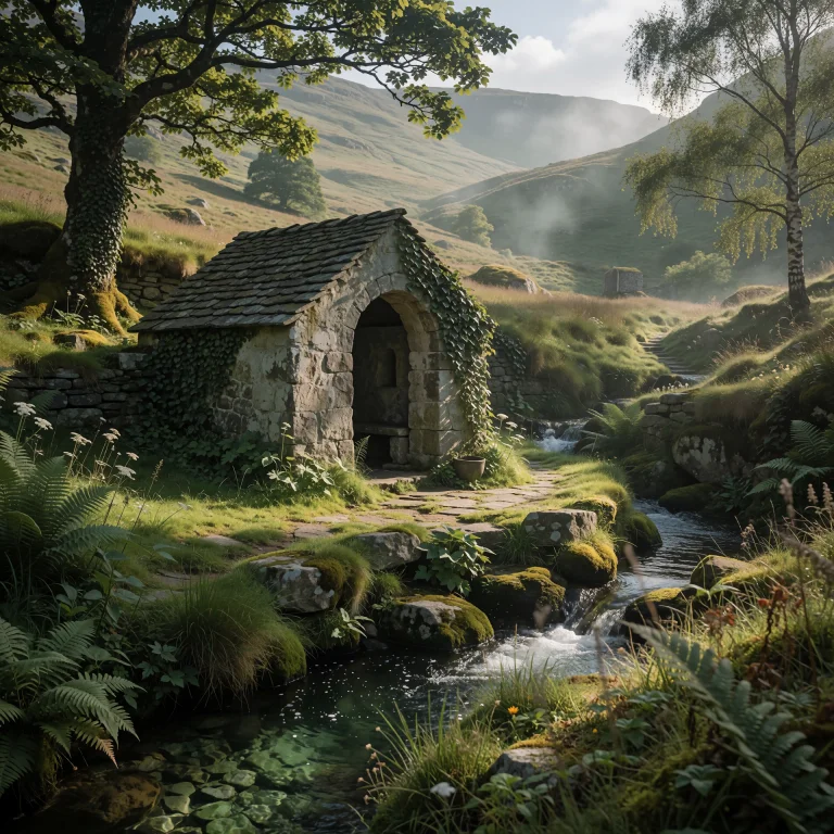 A Small, Weathered Stone Building, Its Slate Roof Catching T...